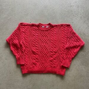 Vintage Tommy Hilfiger Sweater Size Medium Red Cable Knit Chunky Pullover